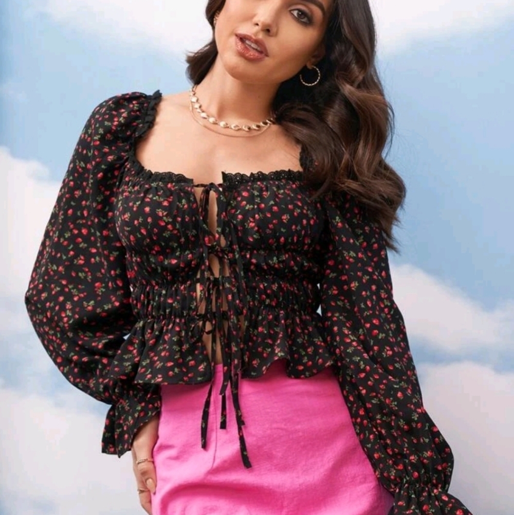Floral blouse buble sleeve crop top